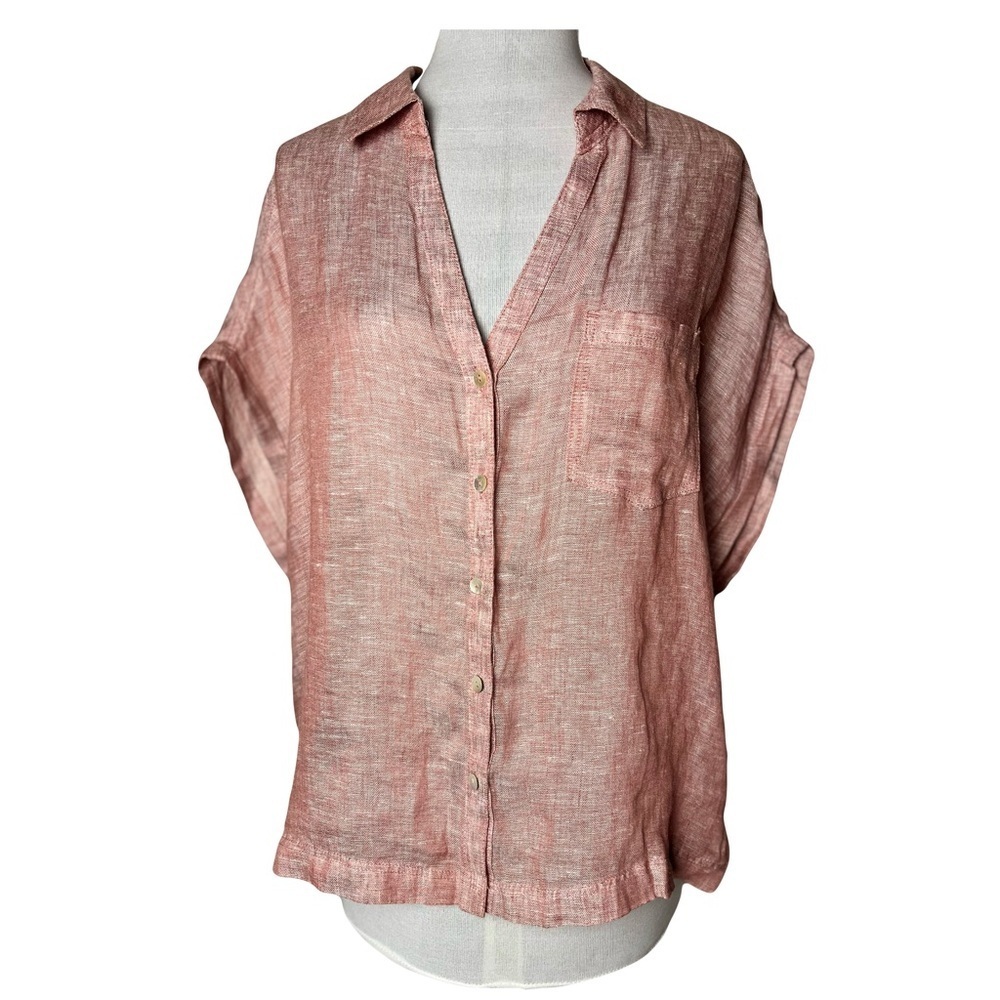 C&C California | Pale Pink Linen Boxy V-Neck Cap Sleeve Shirt, Large